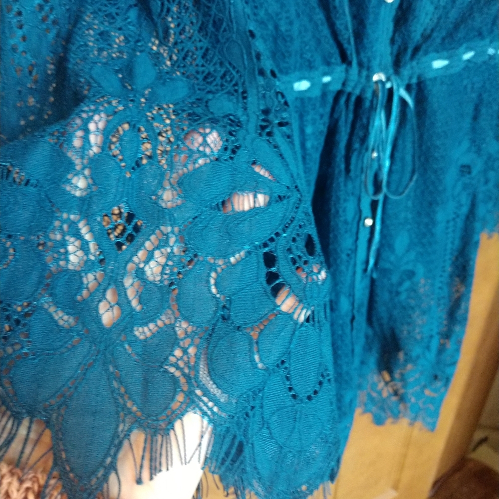 Colleen Lopez lace tunic jacket teal L new - Picture 5 of 8